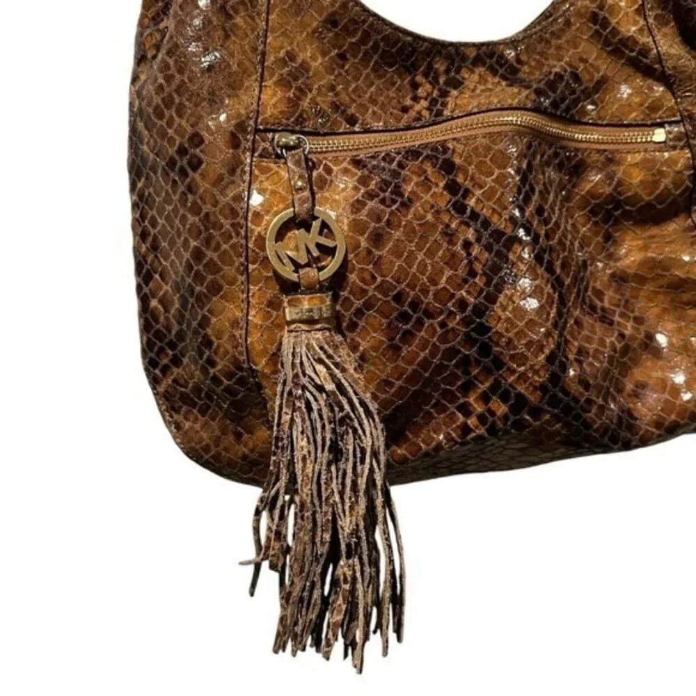 Michael Kors Hobo Purse Handbag Leather Snake Print Brown Y2K Tassle Crossbody